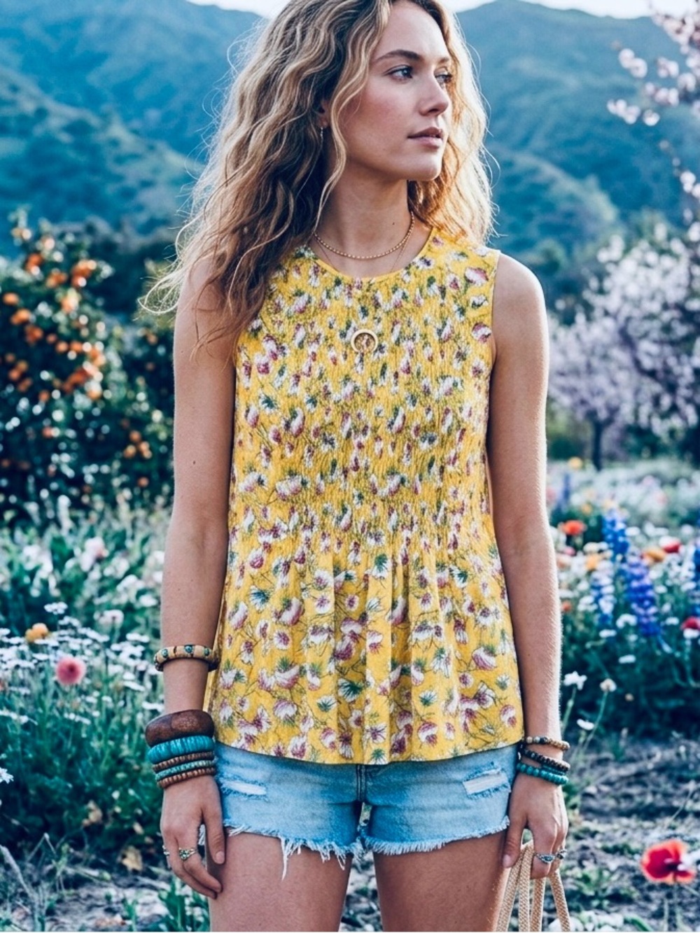 Zara Basic Yellow Floral Smocked Sleeveless Blouse Top S Boho Spring